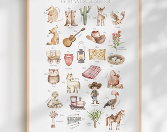 Western Alphabet Print for Kids Nursery | Cowboy ABC Wall Art | Wild West Nursery Decor | Neutral Rustic Baby Boy Room Art Digital Download