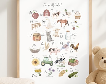 Stampa dell'alfabeto degli animali della fattoria: stampa murale rustica ABC per la cameretta dei bambini (download digitale)