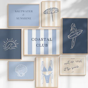Coastal Girl Wall Art Set of 8, Beachy Preppy Prints, Navy Blue Tan Coastal Decor, Surf Bikini Shell Art, Teen Girl Room Decor, Coastal Club