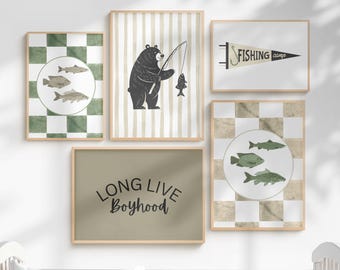 Fishing Nursery Art Prints: Rustic Cabin Bear, Fish, Camping (Digital Download)