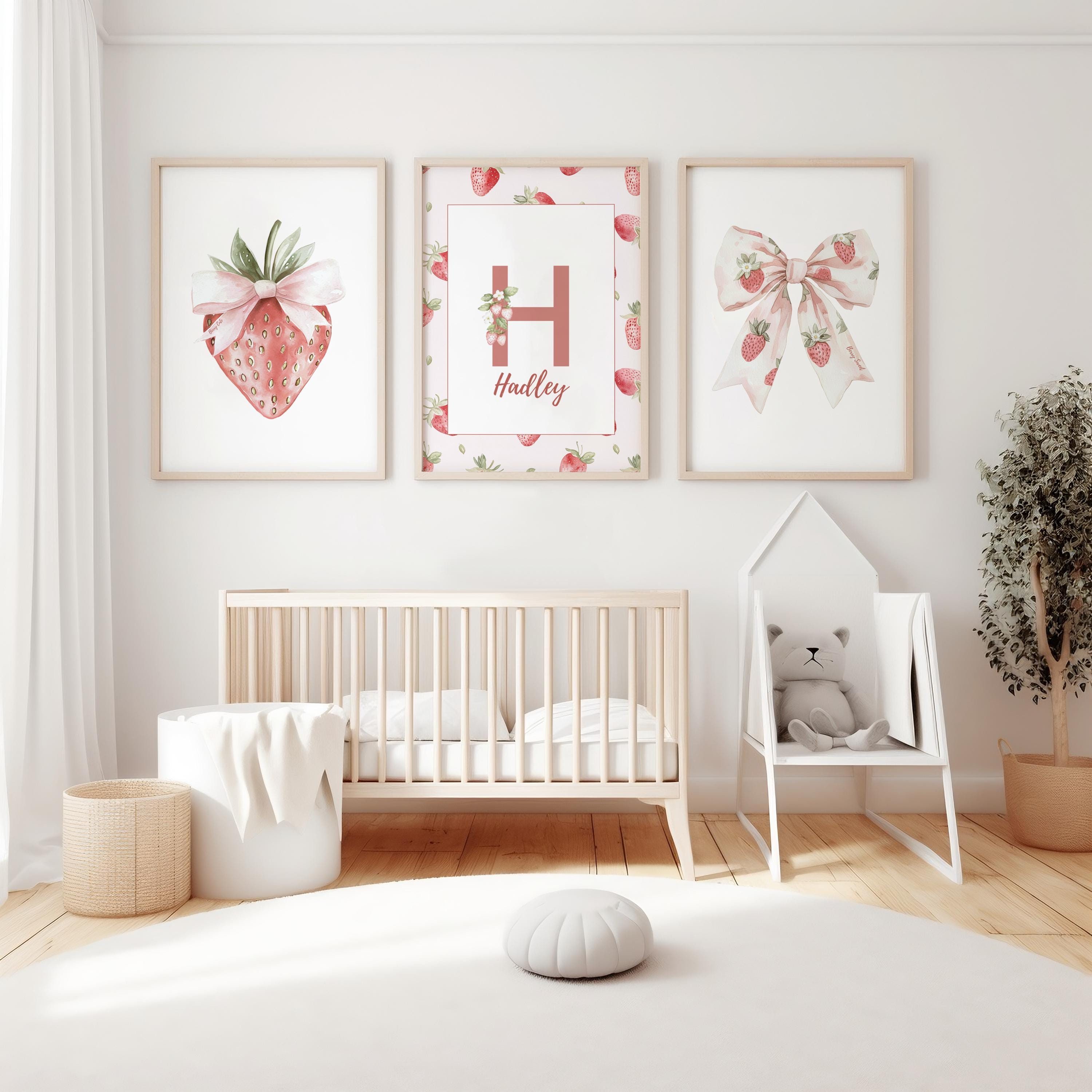 Strawberry Nursery Wall Art Set – Personalized Name Print, Set of 3 ...