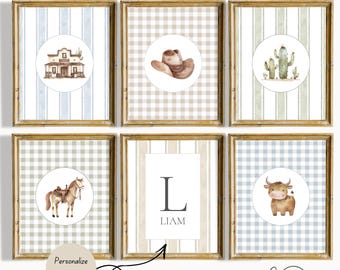 Personalized Western Nursery Wall Art Set of 3 | Cowboy Nursery Prints | Custom Name Initial | Neutral Boy Nursery Decor