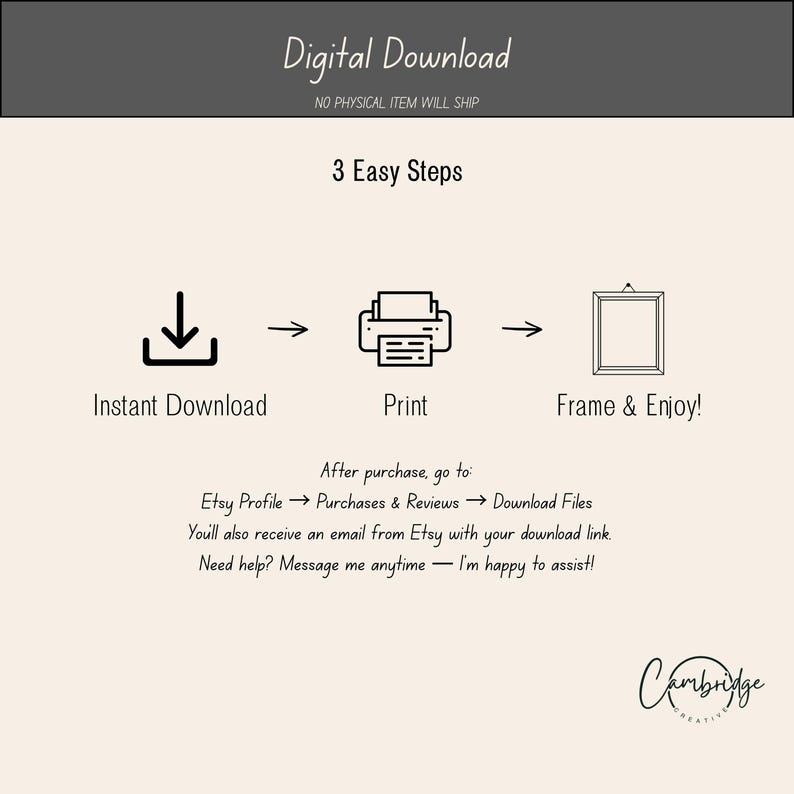 Pode incluir: Gr&aacute;fico de download digital com instru&ccedil;&otilde;es: Download instant&acirc;neo, Imprimir, Emoldurar e Desfrutar! O texto inclui "3 passos f&aacute;ceis" e "NENHUM item f&iacute;sico ser&aacute; enviado."