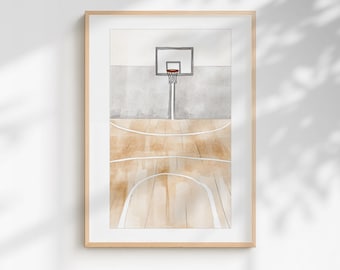 Arte mural infantil de cancha de baloncesto en acuarela, decoración deportiva neutra para sala de juegos, arte para habitación de niños