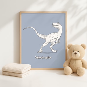 Velociraptor Dinosaur Print | Boys Nursery Wall Art | Dino Theme Kids Room Decor | Jurassic Animal Illustration | Playroom Printable
