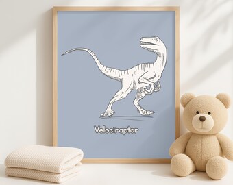 Velociraptor Dinosaur Print: Neutral Tone Nursery, Playroom Art (Digital Download