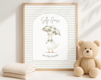 Silly Goose Umbrella Print: Neutral Nursery Wall Art (Digital Download)