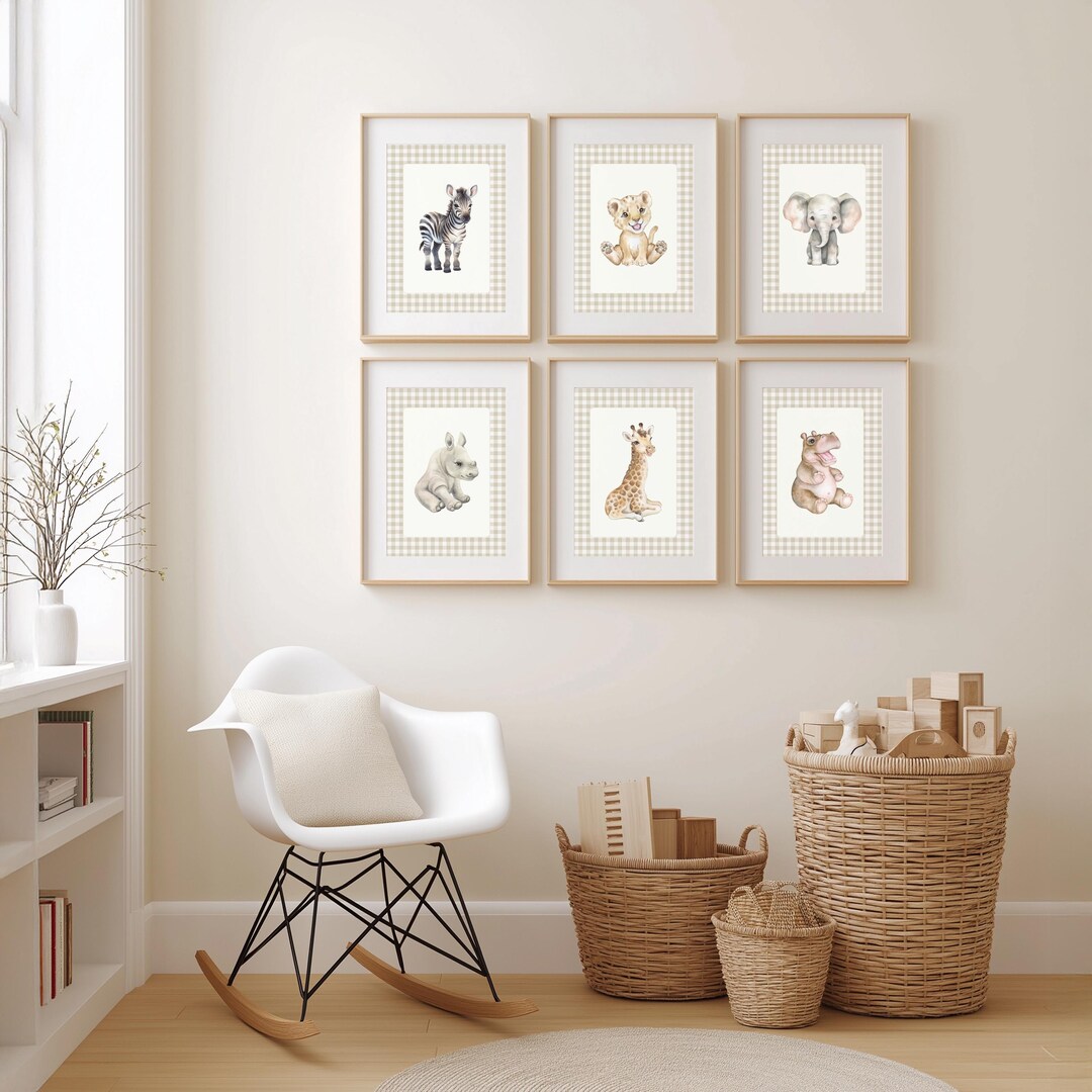 Safari Animal Nursery Prints: Beige Gingham, Gender Neutral Decor ...