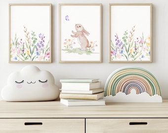 Conjunto de arte para berçário com coelhos em aquarela: impressões de coelhos da floresta e flores silvestres (download digital)