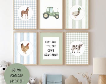 Farm Animal Nursery Wall Art Prints | Rustic Neutral Farm Gallery Set of 6 | Digital Download for Playroom or Kids Room