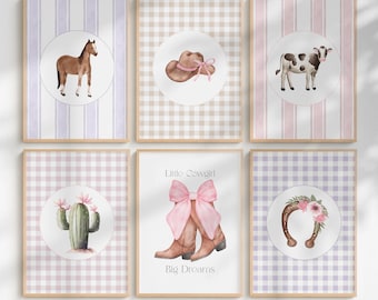 Decoración de pared para habitación infantil con temática de vaquera, estilo western, acuarela (conjunto de 6 descargas digitales).