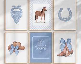 Blue Cowgirl Nursery Wall Art Set, Western Girls Room Decor (Digital Download)