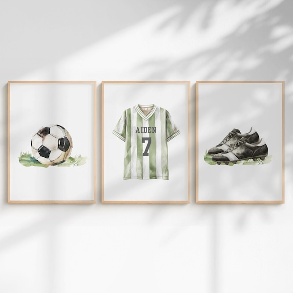 Personalized Green Boys Soccer Wall Art Set | Custom Name & Number Jersey Print | Soccer Ball and Cleats Kids Room Decor
