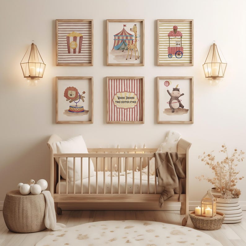 May include: A nursery wall decor arrangement featuring six framed circus-themed prints. The prints depict popcorn, a circus tent with a giraffe, a popcorn cart, a lion on a circus drum, a sign that reads 'Where Dreams Take Center Stage', and a monkey with a balloon. The color palette includes beige, red, and brown.