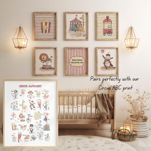 Conjunto de Arte de Parede para Quarto Infantil com Tema de Circo, Animais de Parque de Diversões Vintage, Impressões Divertidas (Download Digital) imagem 9