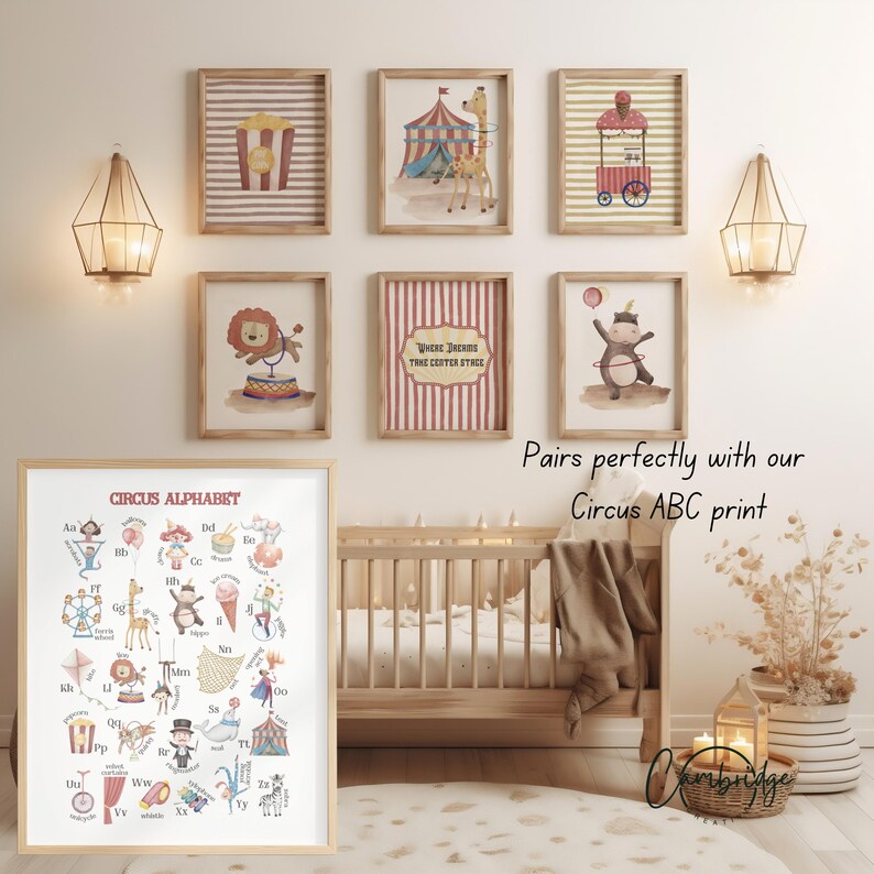 Conjunto de Arte de Parede para Quarto Infantil com Tema de Circo, Animais de Parque de Diversões Vintage, Impressões Divertidas (Download Digital) imagem 9