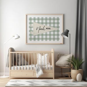 Spersonalizowany wydruk flagi z imieniem, spersonalizowana dekoracja ścienna do pokoju dziecięcego, proporczyk w kratkę gingham, wystrój pokoju dziecięcego dla chłopców, tabliczka z imieniem w stylu vintage, dekoracja ścienna z imieniem dziecka