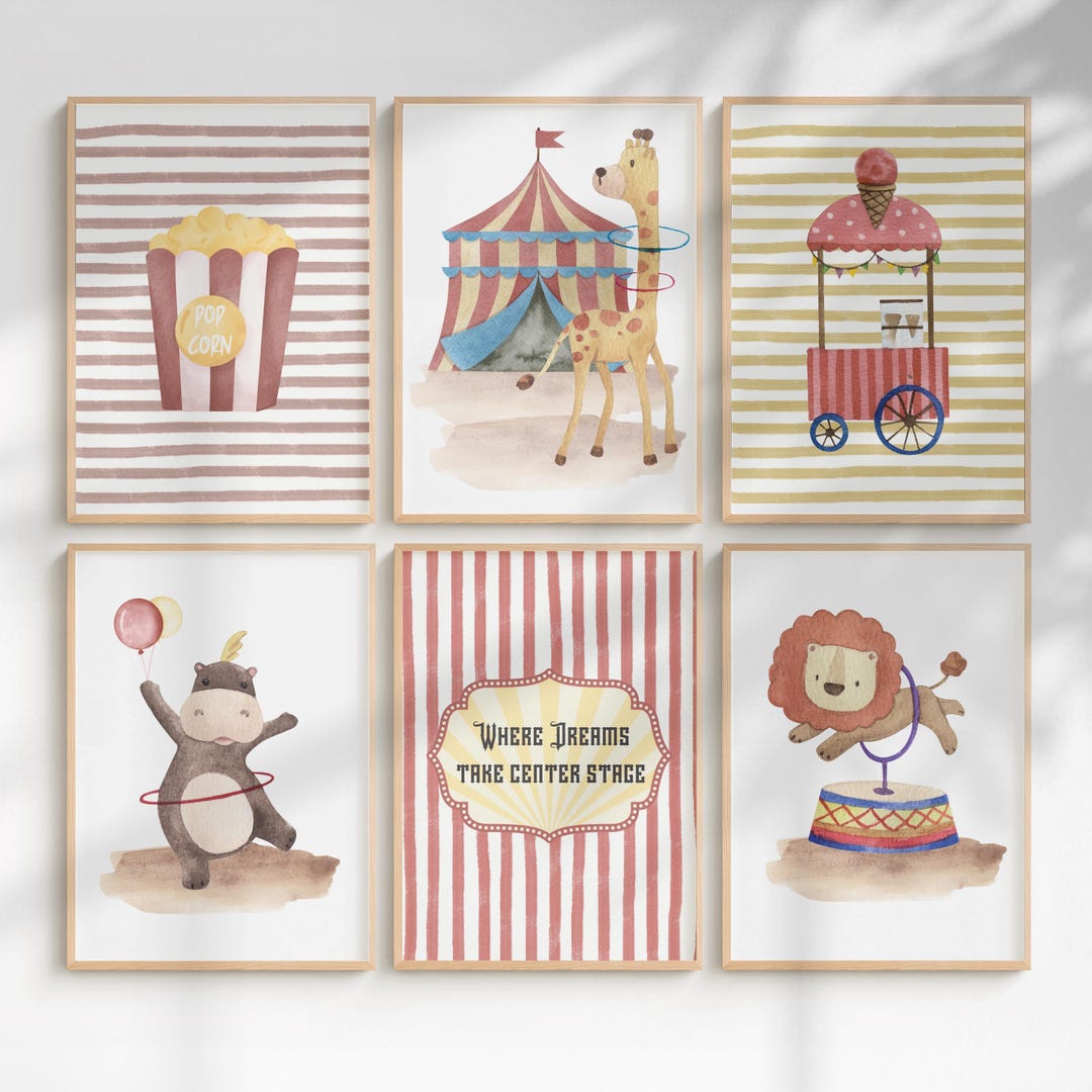 Circus Nursery Wall Art Set, Vintage Carnival Animals, Whimsical Prints ...