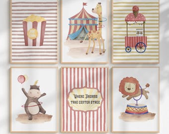 Set de arte mural de circo para habitación infantil, animales de carnaval vintage, láminas caprichosas (descarga digital)
