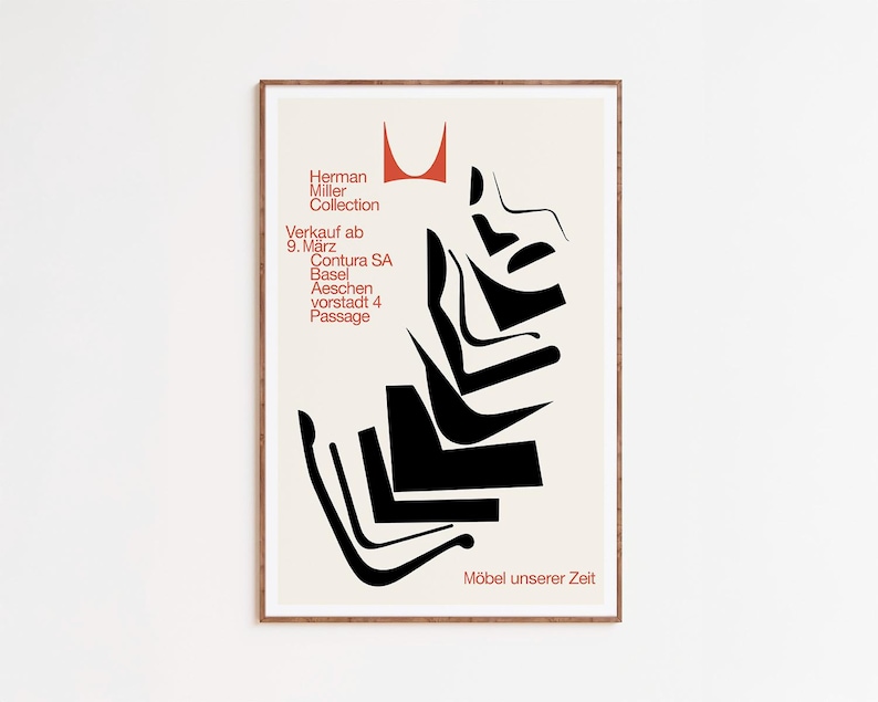 May include: A framed art print featuring a mid-century modern design. The artwork showcases abstract black shapes against a cream background, with red accents and text. The text includes "Herman Miller Collection" and "M&ouml;bel unserer Zeit".