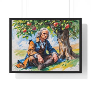 Framed Poster, Isaac Newton Apple Tree Art Print, Wall Decor Gift, Historical Scientist Wall Art, Science Lover Home Decor