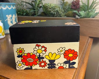 1970s Floral Metal Recipe Box: Retro Tin Kitchen Storage Lid