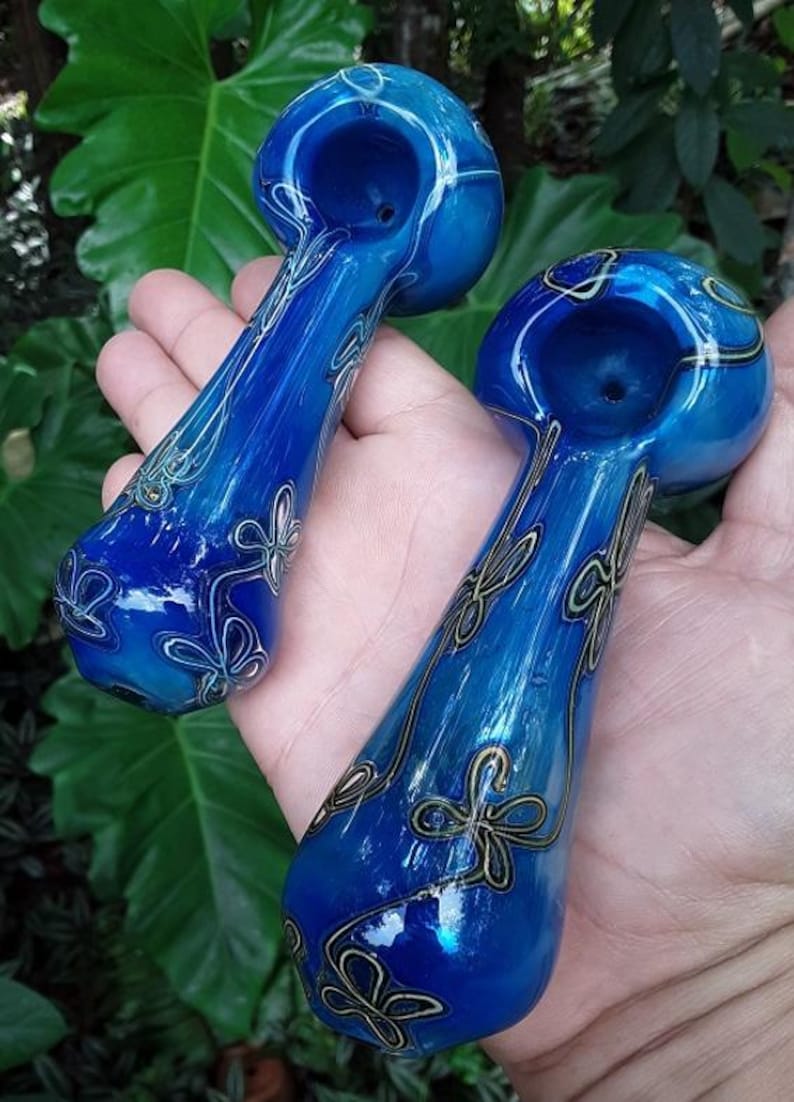 Abstract Flowers Blue Fumed Glass Pipe 5.2…