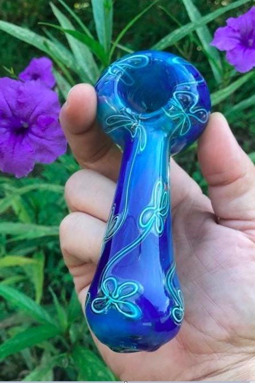 Abstract Flowers Blue Fumed Glass Pipe 5…