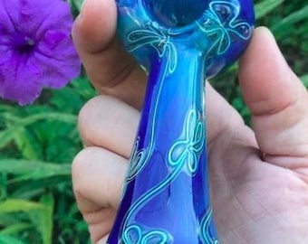 Abstract Flowers Blue Fumed Glass Pipe 5.25" Line Worked Double Glass Pipe