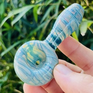 Neptune Blue Spiral Fumed Glass Pipe, Wrapped Raked Milky Glass Pipe