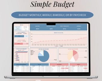 May include: A laptop displaying a budget template with the text "Ultimate Simple Budget." The screen shows charts and tables for income, expenses, and savings. Text on the screen includes "Budget Monthly, Weekly, Biweekly, or by Paycheck." The bottom of the screen says "Google Sheets | 1 Tab | Instant Download."