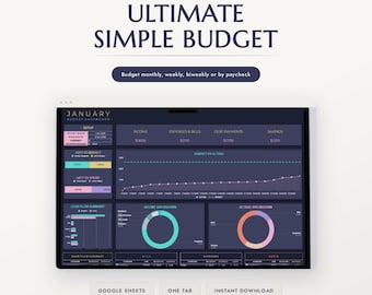 Może przedstawiać: Cyfrowy szablon pulpitu nawigacyjnego budżetu dla Google Sheets zatytułowany Ultimate Simple Budget. Interfejs posiada ciemny motyw z wykresami, śledzeniem dochodów i wydatków oraz miesięcznym podsumowaniem. Tekst zawiera Cell Vibe, Google Sheets i Instant Download.