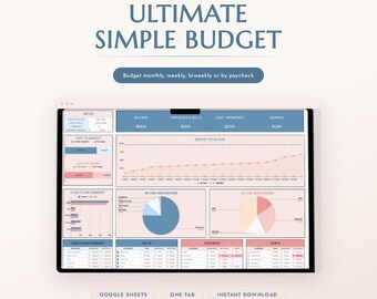 May include: A digital budget spreadsheet template titled Ultimate Simple Budget by Cell Vibe. The interface displays various financial charts, including a line graph, pie charts, and tables for income, expenses, bills, debt, and savings tracking.