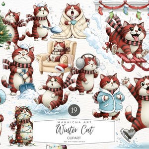 Puede incluir: Una colección de ilustraciones en acuarela con gatos de dibujos animados en escenas invernales. Los gatos son de rayas rojas y blancas, con bufandas, orejeras y abrigos. Algunos gatos están esquiando, quitando nieve o bebiendo chocolate caliente. Incluye el texto "Winter Cat Clipart".