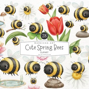 Peut inclure: Illustrations à l'aquarelle de charmantes abeilles de dessin animé aux rayures noires et jaunes, entourées de fleurs et de verdure. Le texte "Cute Spring Bees" est affiché sur une bannière blanche. Thème printanier et fantaisiste.