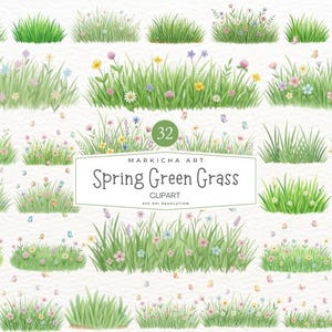 Peut inclure: Ensemble de cliparts aquarelle représentant diverses illustrations d'herbe verte avec des fleurs colorées et des papillons. Le texte "Spring Green Grass" est affiché sur une bannière blanche. L'ensemble comprend 32 éléments.