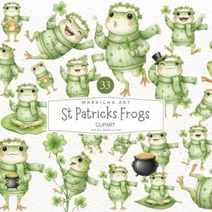 Peut inclure: Illustration à l'aquarelle de grenouilles de la Saint-Patrick dans diverses poses. Les grenouilles sont vertes et portent des pulls, des écharpes et des couronnes de trèfles. Certaines grenouilles tiennent des trèfles ou des chaudrons d'or. Le texte "St Patricks Frogs" est inclus.