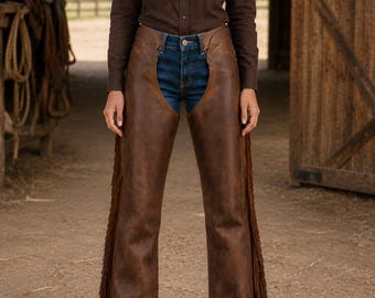 Women’s Brown Leather Chaps | Fringe Cowgirl Chaps | Western Riding  | Handmade Rodeo  | | Custom Size