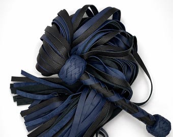 Artisan Leather Flogger Whip, Handcrafted Cowhide, 9 Inch Wooden Handle, Black Blue Braided Design Flogger