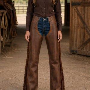 Bruna läderchaps för dam | Cowgirl med fransar | Westernridningschaps | Handgjorda rodeokläder