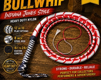 May include: A handmade bullwhip constructed from heavy-duty nylon with a red and white braided pattern. The whip features a black and white chevron-patterned handle with a wrist loop, an 8-inch steel rod, and a red and white fall with a white cracker.