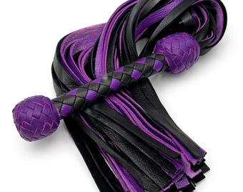 Artisan Leather Flogger Whip, Handcrafted Cowhide, 9 Inch Wooden Handle, Black Purple Braided Design Flogger