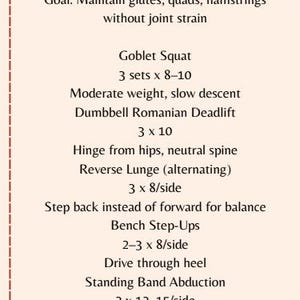 May include: A workout plan for lower body strength training, with exercises like goblet squats, dumbbell Romanian deadlifts, and reverse lunges. The plan includes sets, reps, and instructions for each exercise, with an optional finisher.