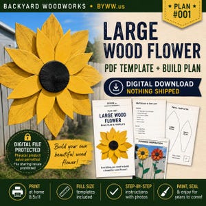 以下が含まれることがあります： 大きな木製の花を作るためのデジタルPDFテンプレートと組み立てプラン。黄色いヒマワリと黒い中心部が特徴です。印刷可能なテンプレート、材料リスト、組み立てのためのステップバイステップの説明書が含まれています。