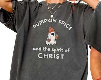 Christian Halloween Shirt, Cute Ghost Pumpkin Spice Coffee, Fall Jesus Shirts, Bible Verse Shirt, Trick or Treat Womens Faith Apparel Gift