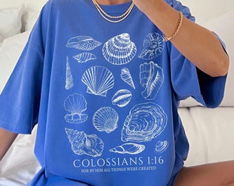 Seashell Bible Verse Shirt, Ocean Life Coastal Aesthetic, Women Faith Apparel, Comfort Colors Oversized Beach Tee, Baptism Teen Girl Gift