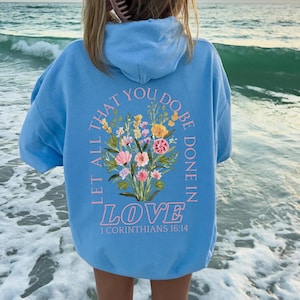 Trendy Christian Bibe Verse Hoodie, Boho Floral Words on Back Jesus Sweatshirt, Aesthetic Women&#39;s Faith Apparel, Baptism Teenage Girl Gift