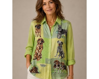 Diane Gilman zijden blouse met hondenprint en groene lovertjes verfraaid medium
