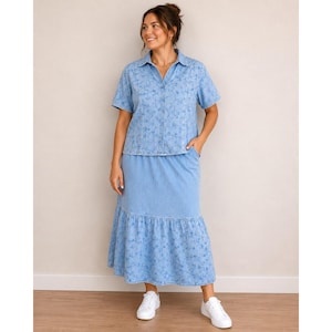 JM Collection Blaues besticktes Tencel-Denim-Shirt und Maxi-Rockset Größe 10 Bild 1