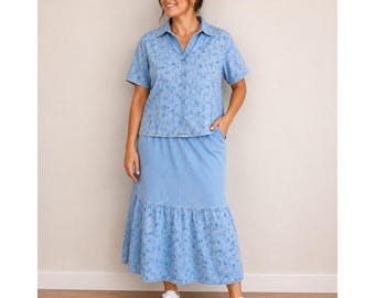 Conjunto JM Collection em jeans Tencel azul bordado e saia maxi, tamanho 10.